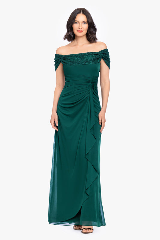 "Shailene" Sheer Matte Jersey & Glitter Lace Off The Shoulder Top Dress - Pine | Betsy & Adam