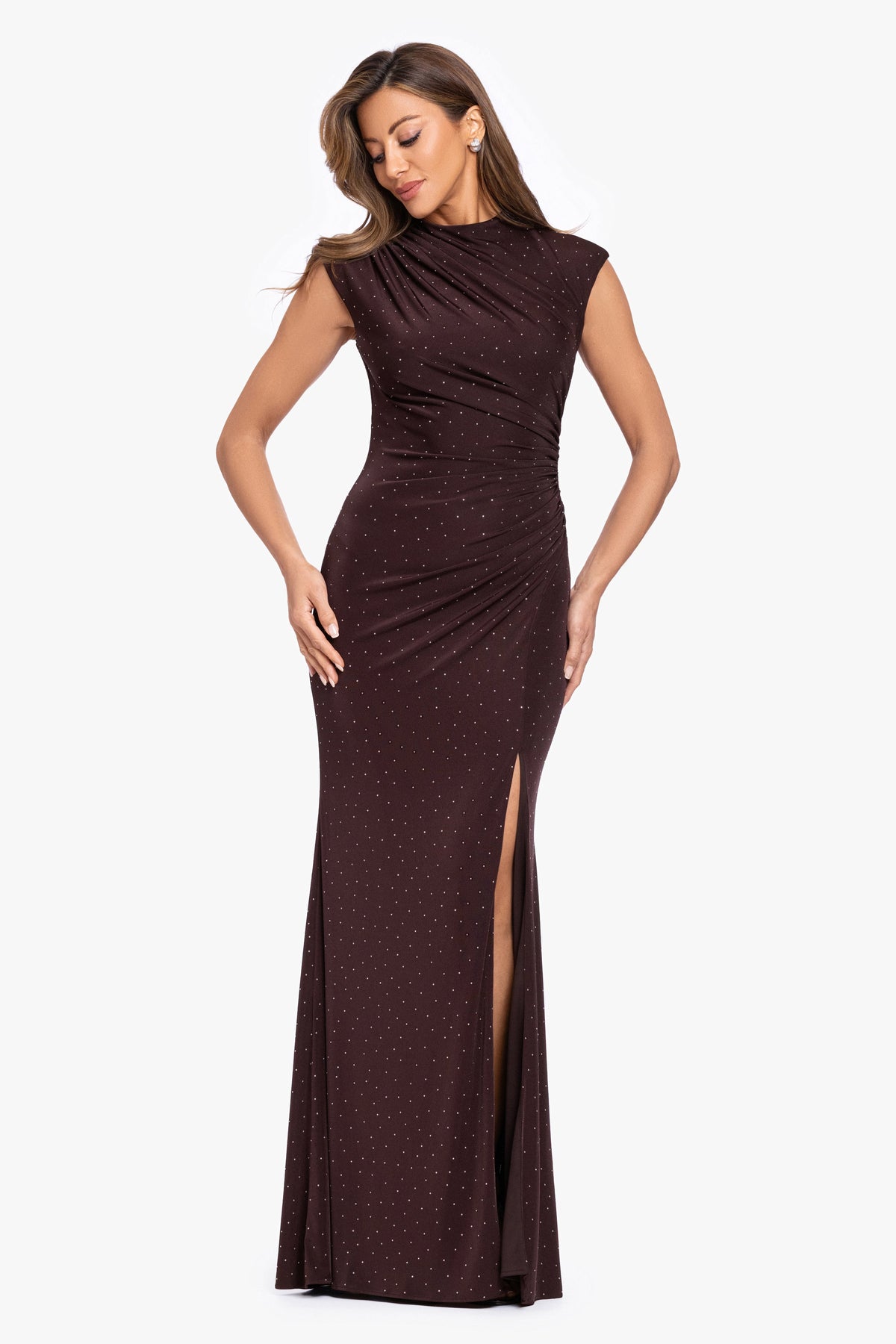 "Mika" Studded Knit Ruched Back Dress - Brown/Silver | Betsy & Adam