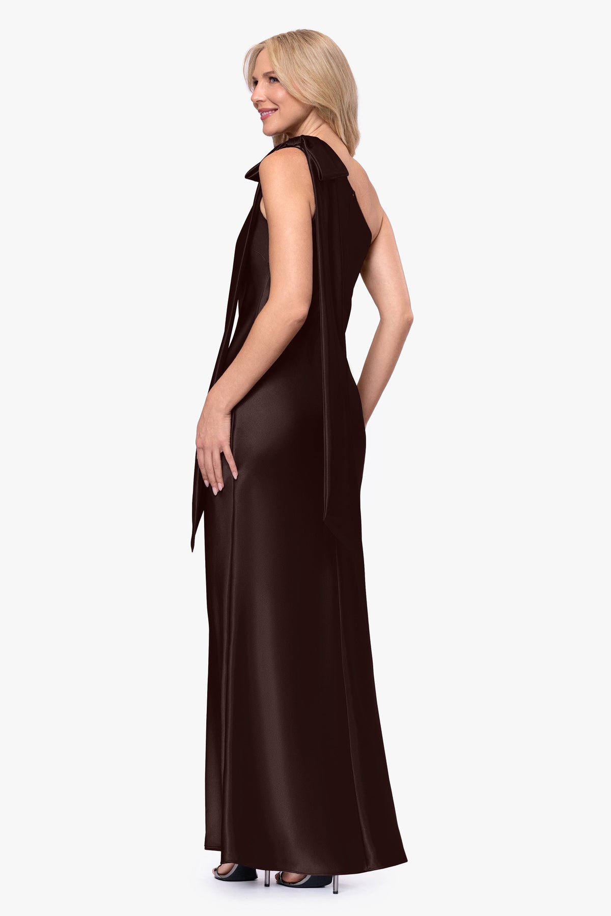 "Dove" Satin One Shoulder Bow Dress - Brown | Betsy & Adam