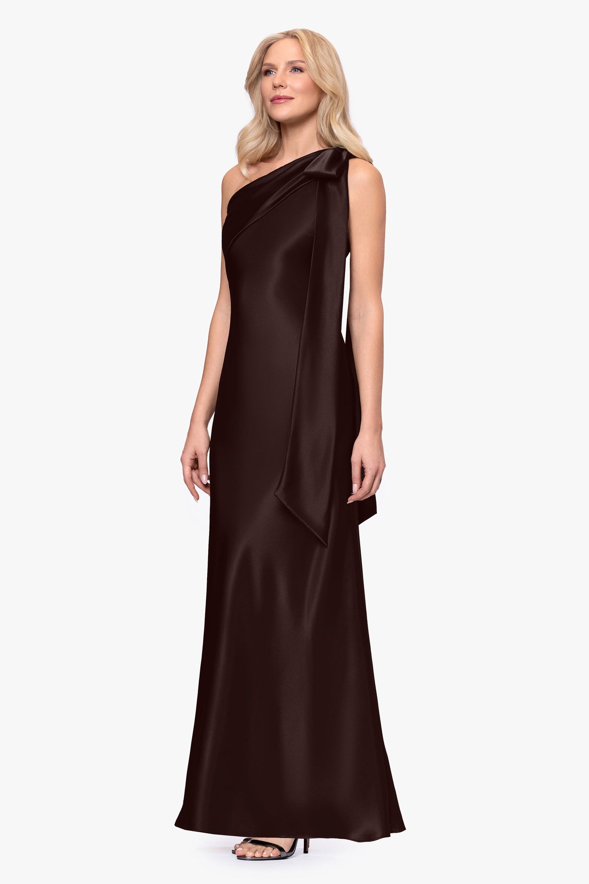 "Dove" Satin One Shoulder Bow Dress - Brown | Betsy & Adam