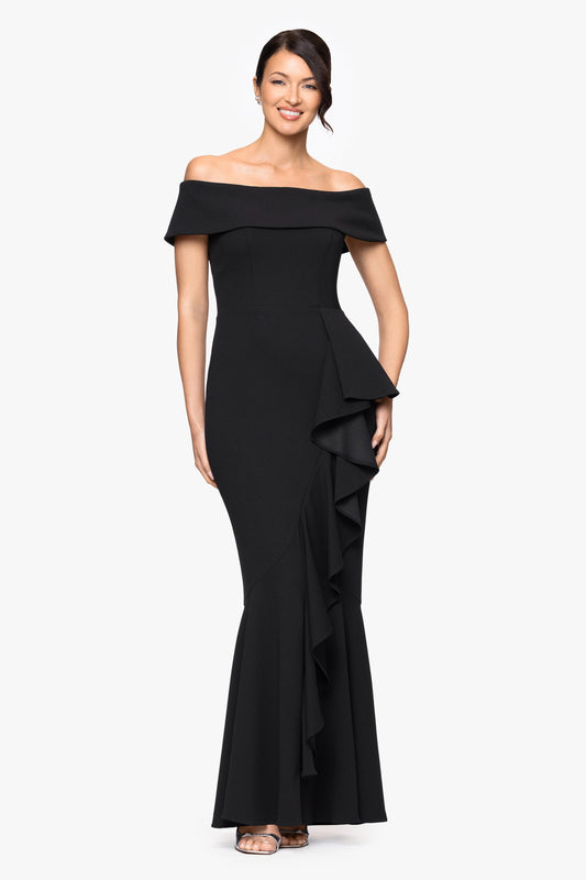 "Carina" Long Off the Shoulder Ruffle Dress - Black | Betsy & Adam