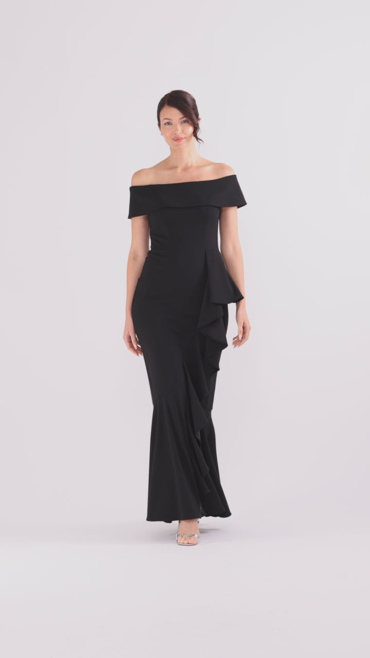 "Carina" Long Off the Shoulder Ruffle Dress - Black | Betsy & Adam