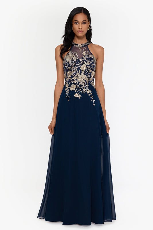 "Celeste" Embroidered Chiffon Dress - Navy/Gold | Betsy & Adam