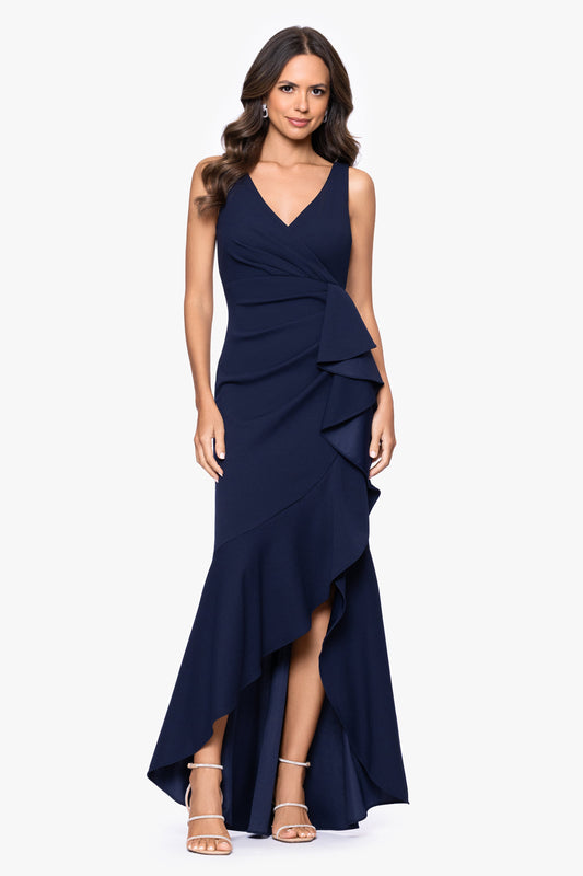 "Candace" V-Neck Hi Low Cascade Dress - Navy | Betsy & Adam