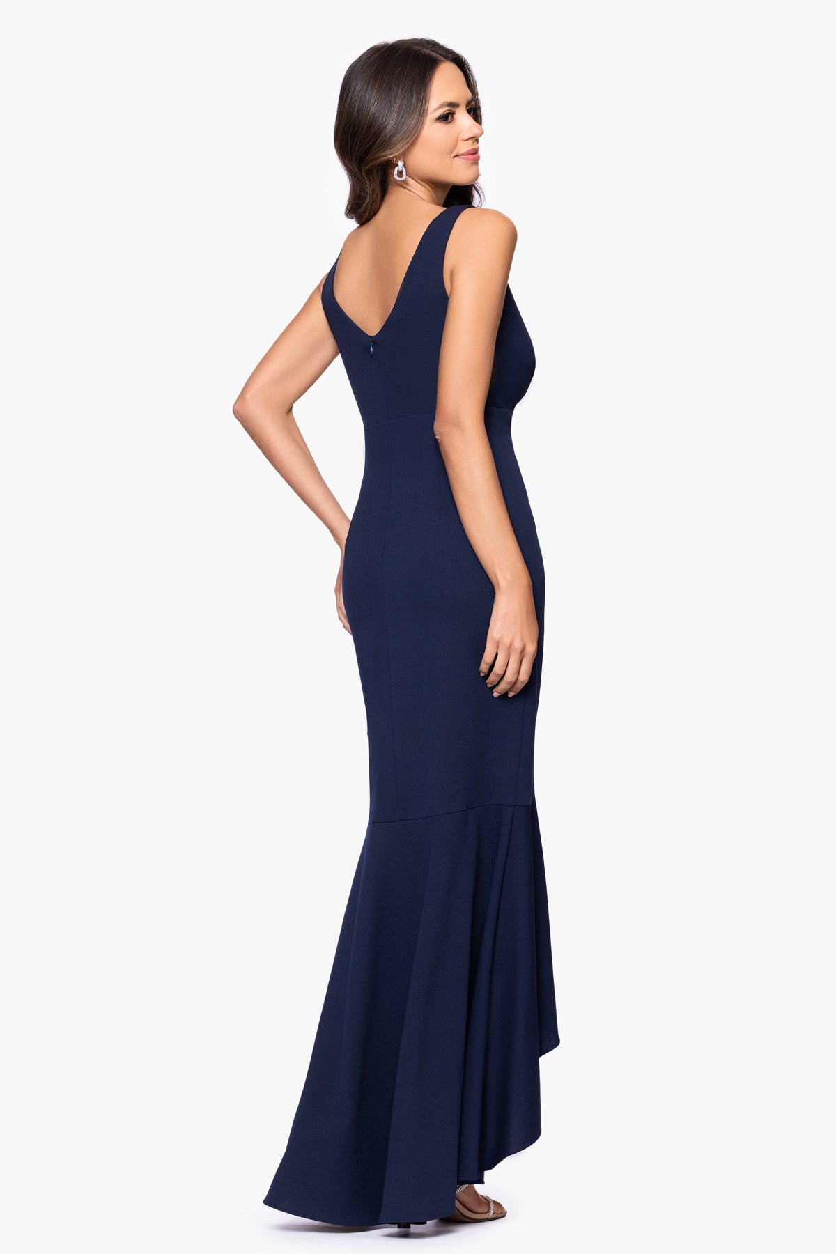 "Candace" V-Neck Hi Low Cascade Dress - Navy | Betsy & Adam
