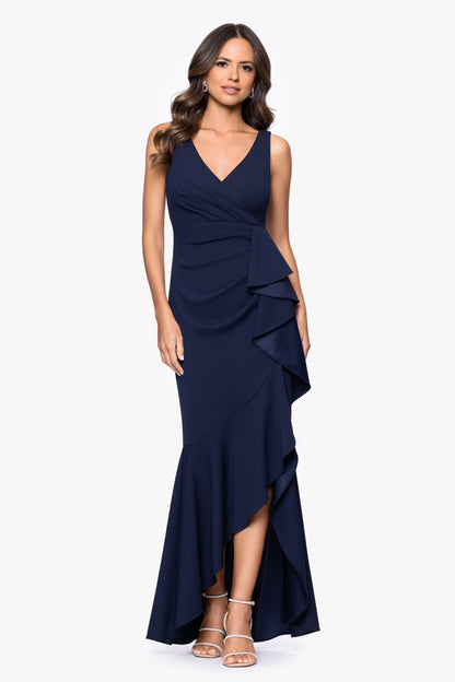"Candace" V-Neck Hi Low Cascade Dress - Navy | Betsy & Adam