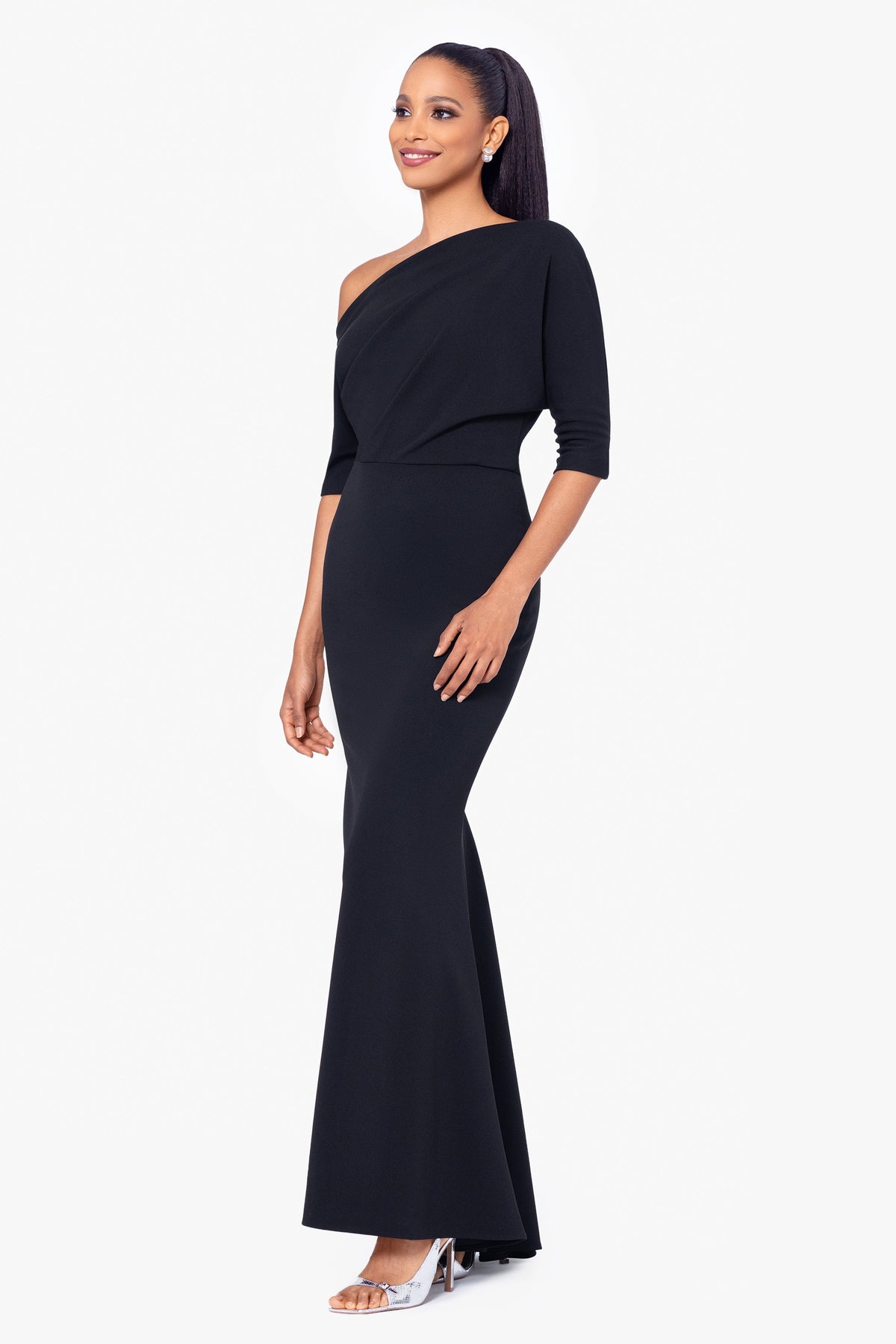 “Madeline” Scuba Crepe Off The Shoulder Dress - Black | Betsy & Adam