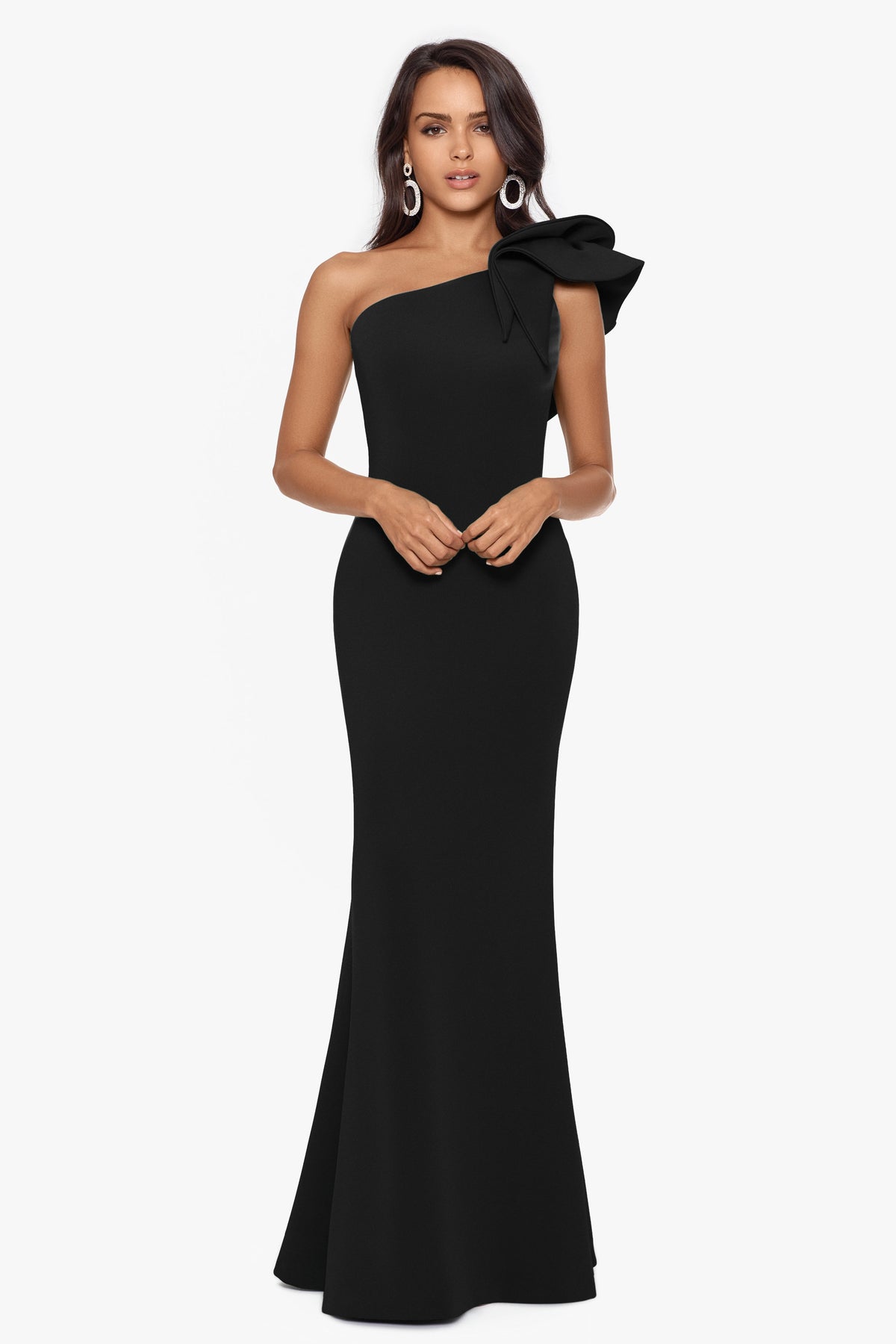 "Daisy" Techno Scuba Crepe One Shoulder Dress - Black | Betsy & Adam