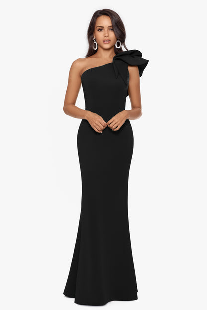 "Daisy" Techno Scuba Crepe One Shoulder Dress - Black | Betsy & Adam