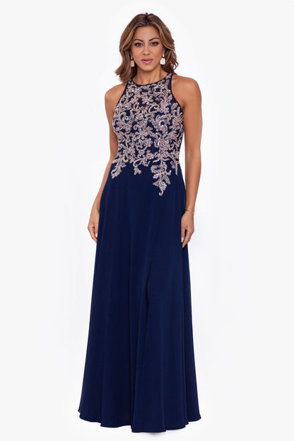 "Katie" Chiffon Beaded Halter Dress - Navy/Rose | Betsy & Adam