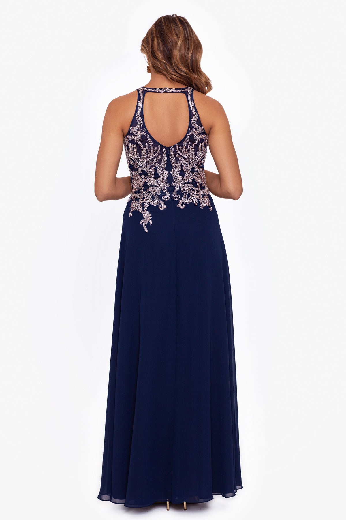 "Katie" Chiffon Beaded Halter Dress - Navy/Rose | Betsy & Adam