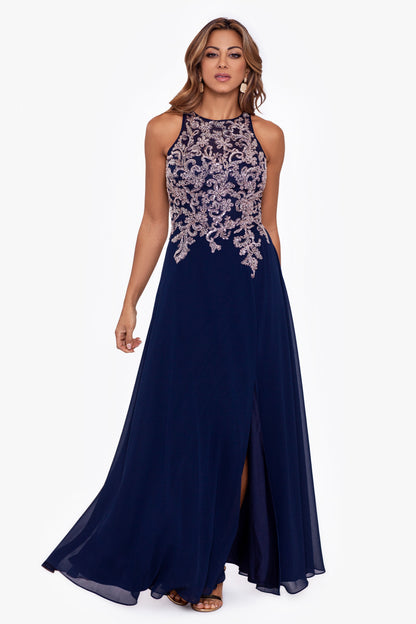 "Katie" Chiffon Beaded Halter Dress - Navy/Rose | Betsy & Adam