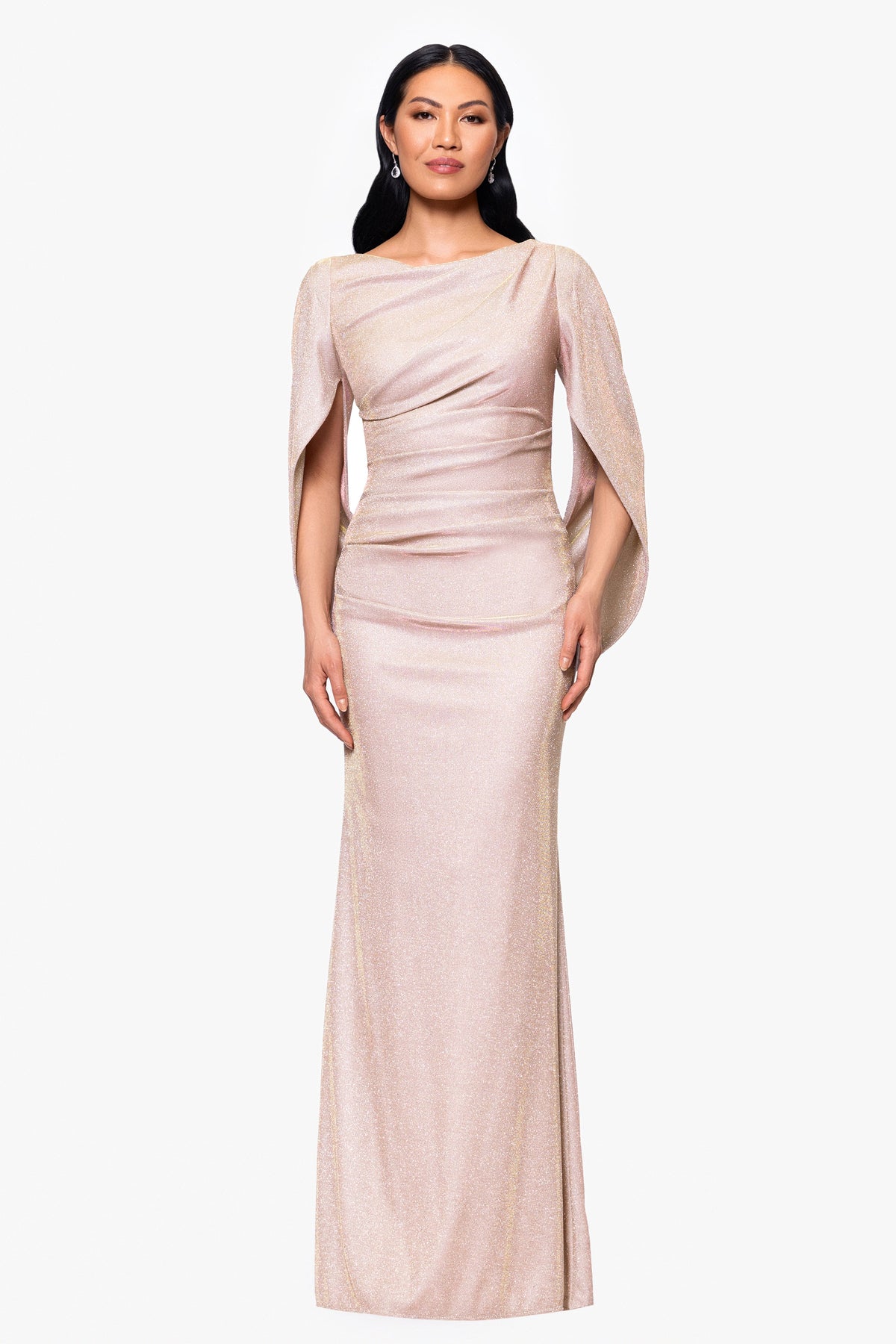 "Gracie" Metallic Knit Glitter Draped Dress - White/Pink/Gold | Betsy & Adam