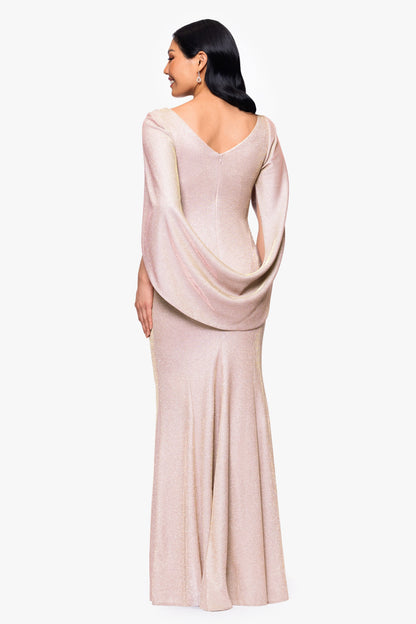 "Gracie" Metallic Knit Glitter Draped Dress - White/Pink/Gold | Betsy & Adam