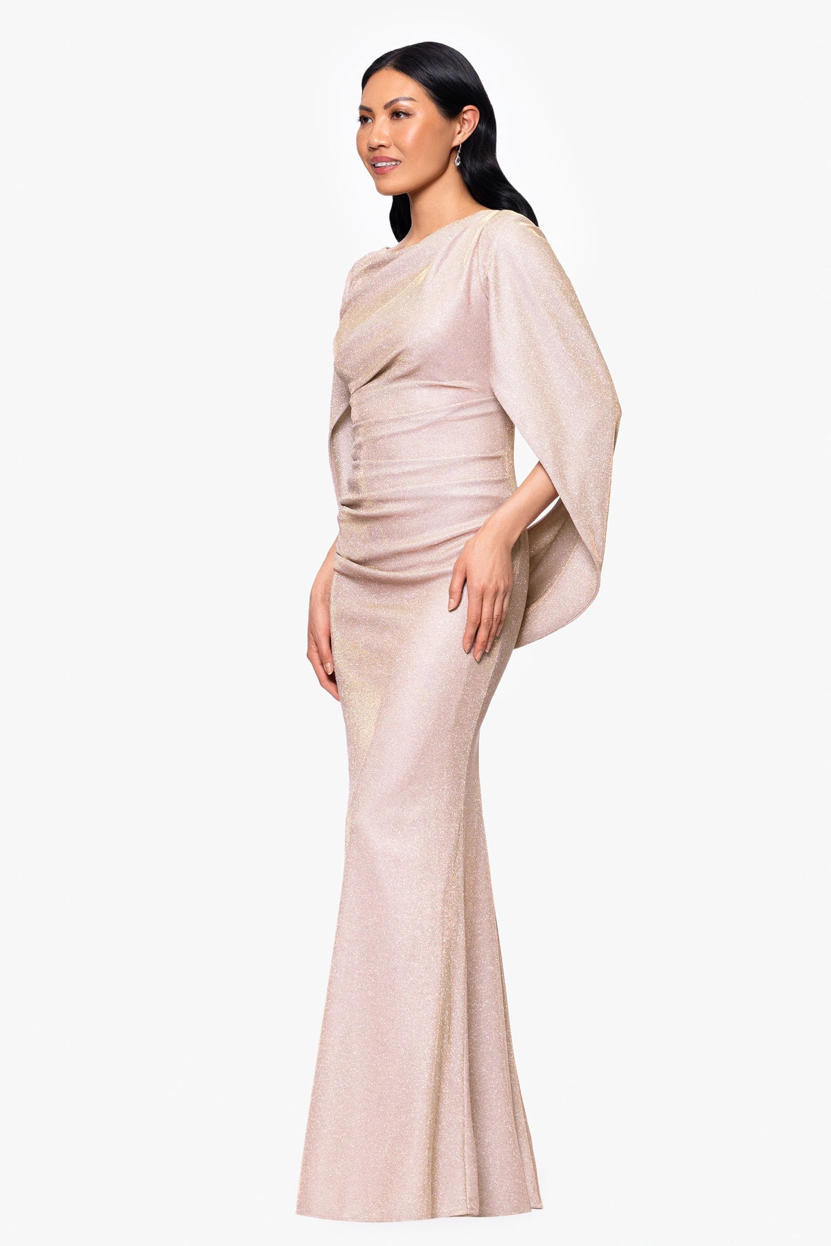 "Gracie" Metallic Knit Glitter Draped Dress - White/Pink/Gold | Betsy & Adam