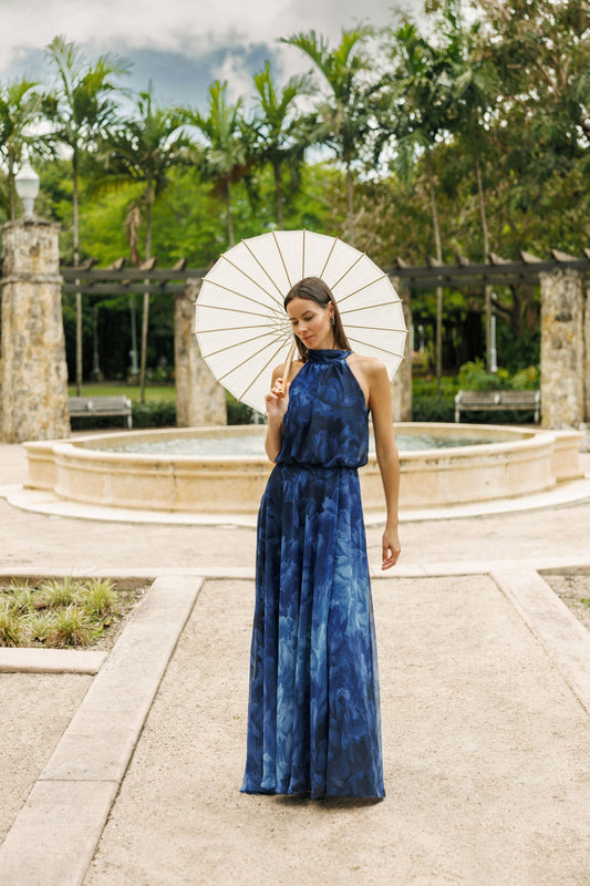 "Tami" Chiffon Print High Halter Neck Dress - Navy/Blue | Betsy & Adam