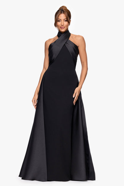 "Dina" Scuba Crepe Twist Halter Neck Gown - Black | Betsy & Adam