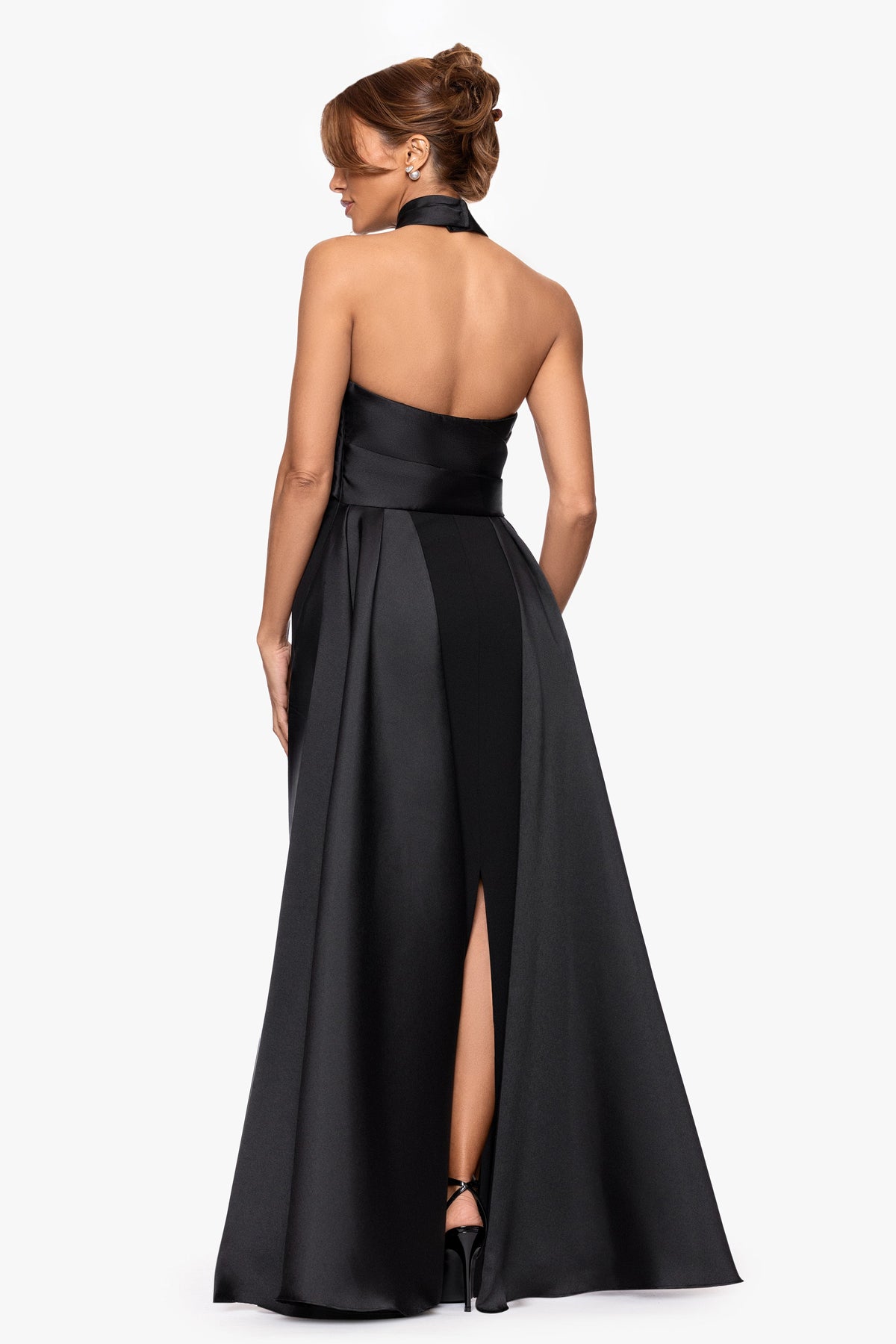 "Dina" Scuba Crepe Twist Halter Neck Gown - Black | Betsy & Adam