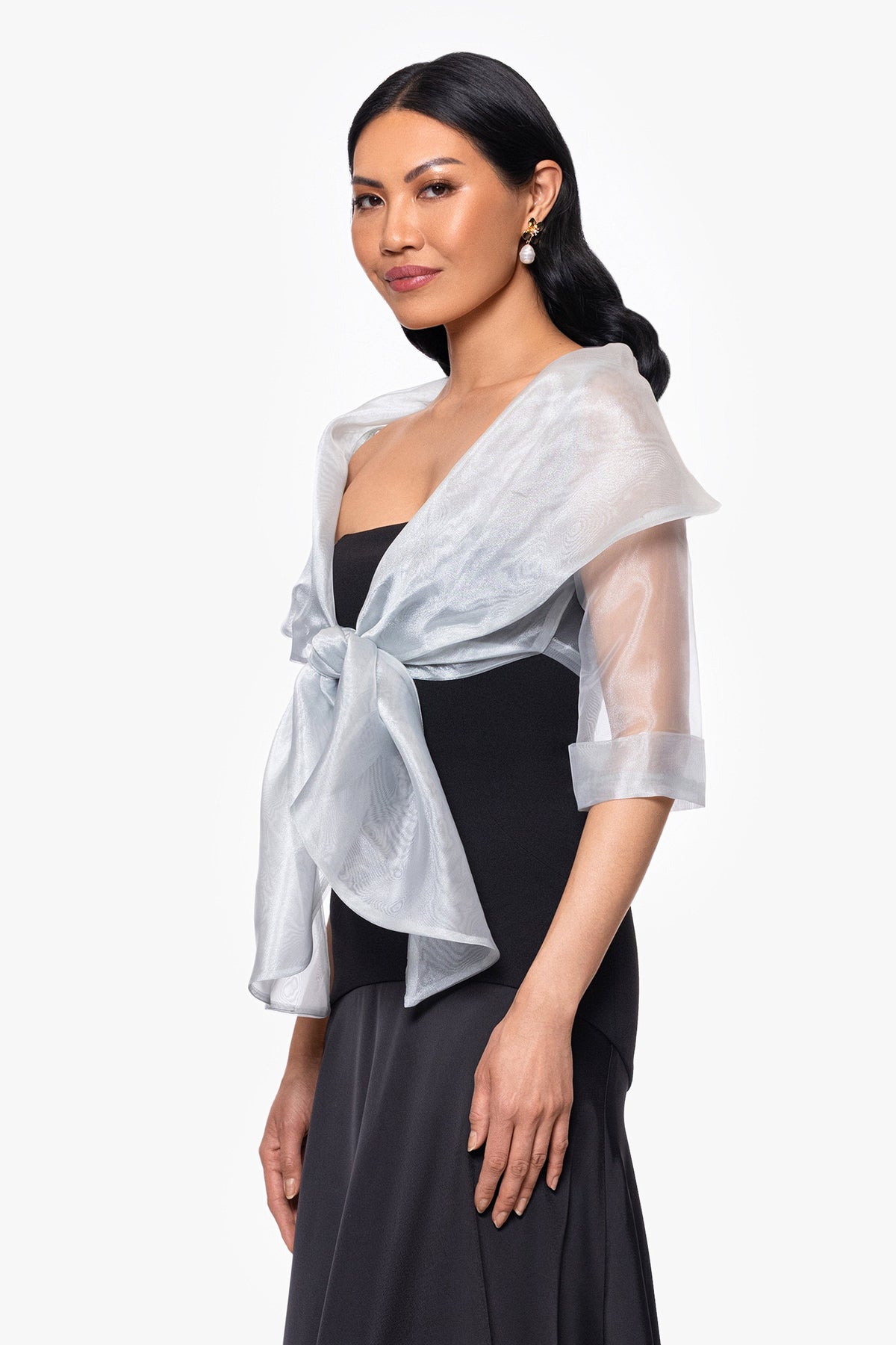 "Agnes" Organza 3/4 Sleeve Shawl Wrap - Silver | Betsy & Adam