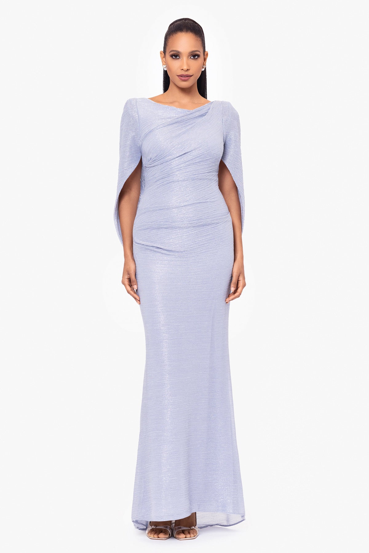 "Elaine" Metallic Crinkle Long Dress - Blue/Silver | Betsy & Adam