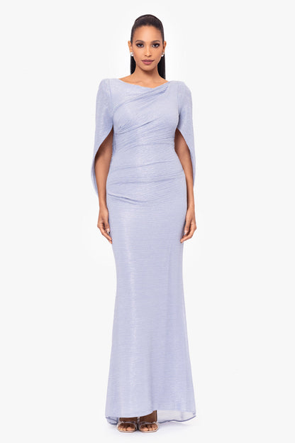"Elaine" Metallic Crinkle Long Dress - Blue/Silver | Betsy & Adam