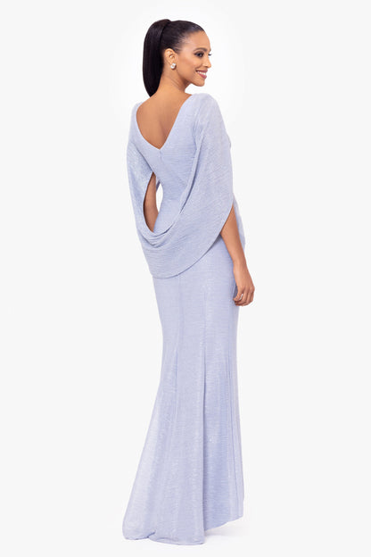 "Elaine" Metallic Crinkle Long Dress - Blue/Silver | Betsy & Adam