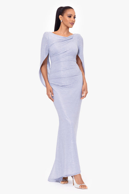 "Elaine" Metallic Crinkle Long Dress - Blue/Silver | Betsy & Adam
