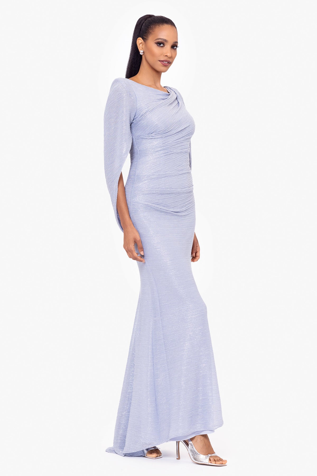 "Elaine" Metallic Crinkle Long Dress - Blue/Silver | Betsy & Adam