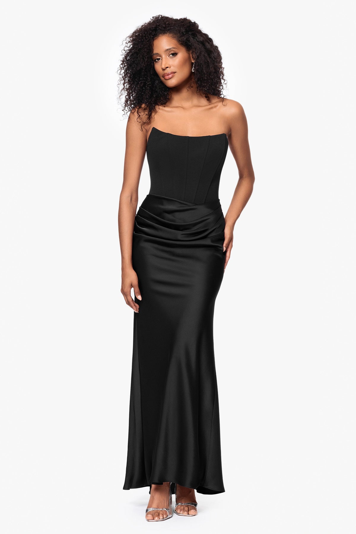 "Debra" Scuba Crepe & Satin Strapless Dress - Black | Betsy & Adam