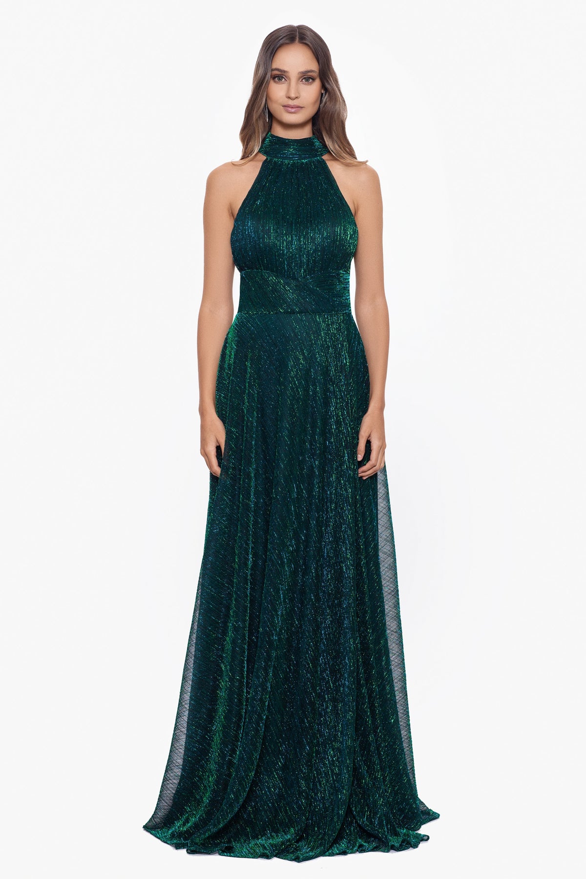 “Stella” Metallic Halter Wrap Skirt Dress - Jade | Betsy & Adam