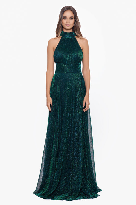 “Stella” Metallic Halter Wrap Skirt Dress - Jade | Betsy & Adam