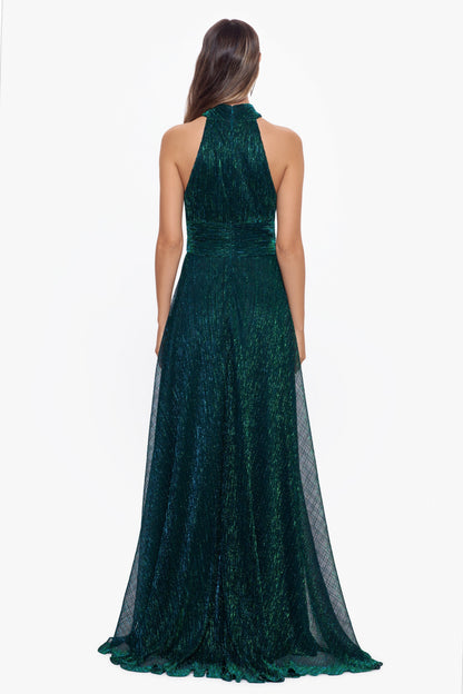 “Stella” Metallic Halter Wrap Skirt Dress - Jade | Betsy & Adam