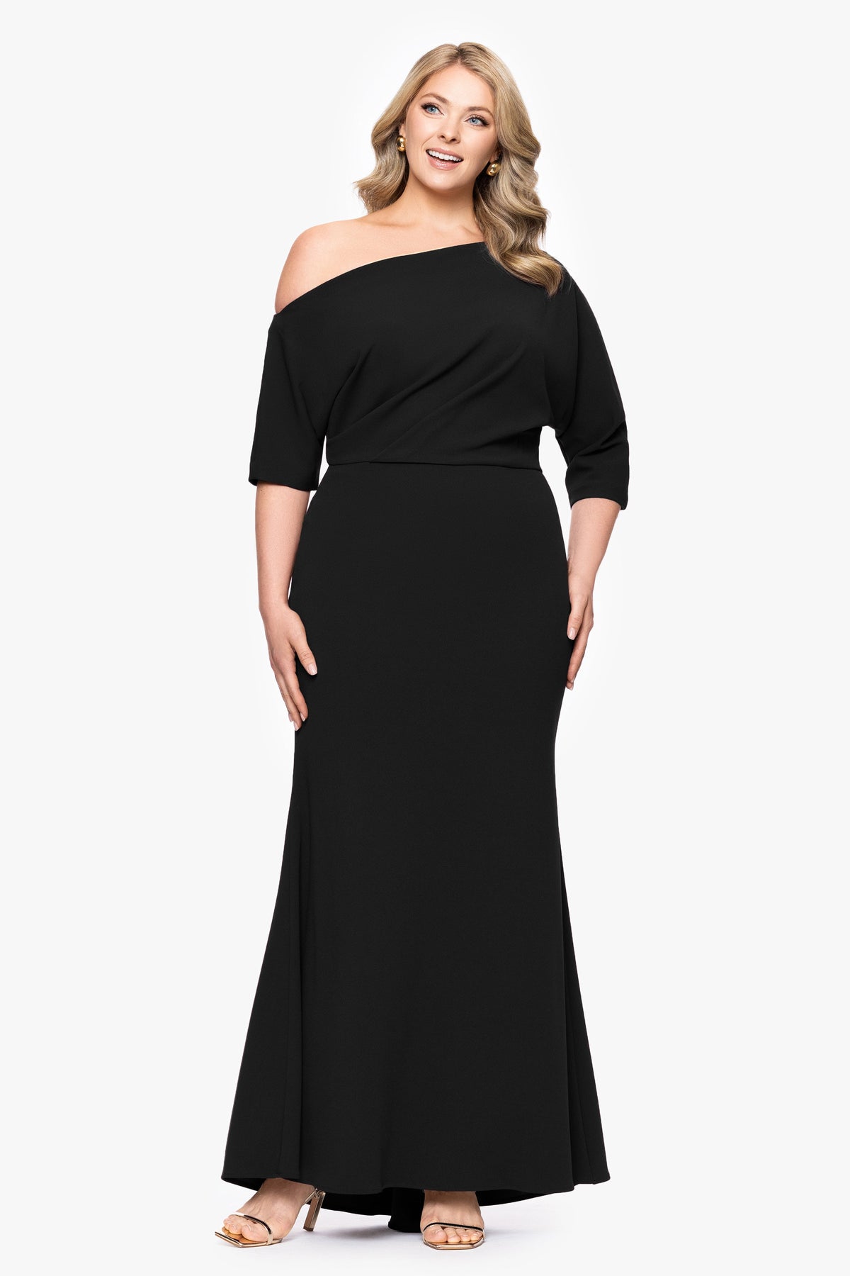 Plus “Madeline” Scuba Crepe Off The Shoulder Dress - Black | Betsy & Adam