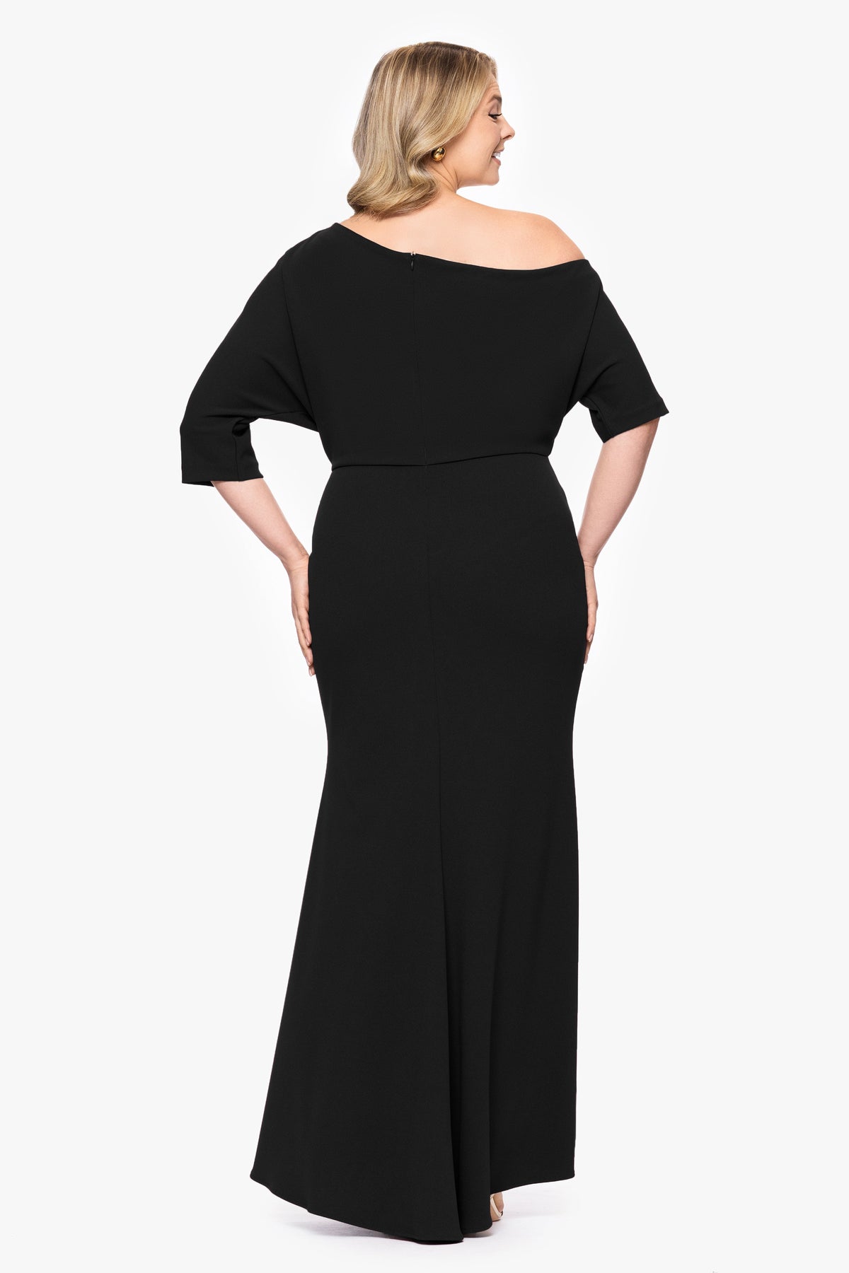 Plus “Madeline” Scuba Crepe Off The Shoulder Dress - Black | Betsy & Adam
