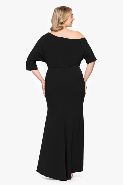 Plus “Madeline” Scuba Crepe Off The Shoulder Dress - Black | Betsy & Adam