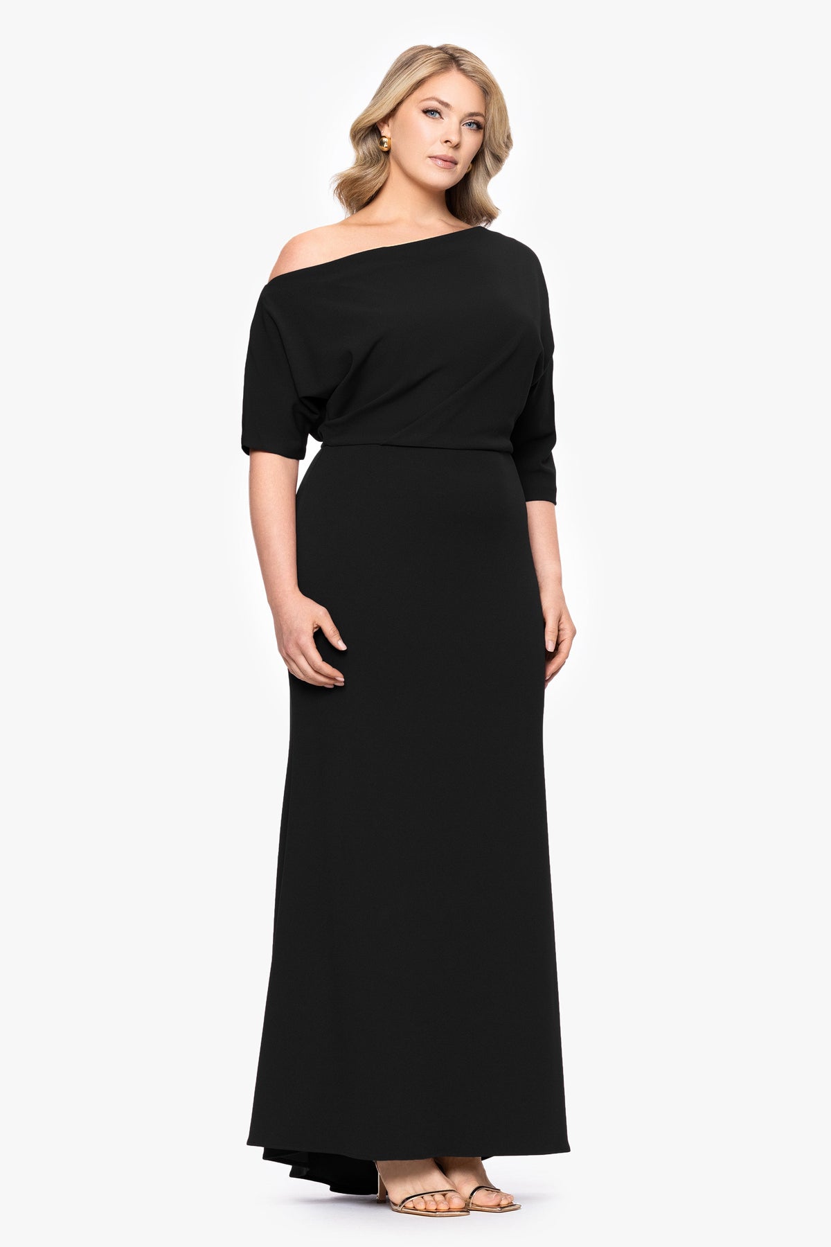 Plus “Madeline” Scuba Crepe Off The Shoulder Dress - Black | Betsy & Adam