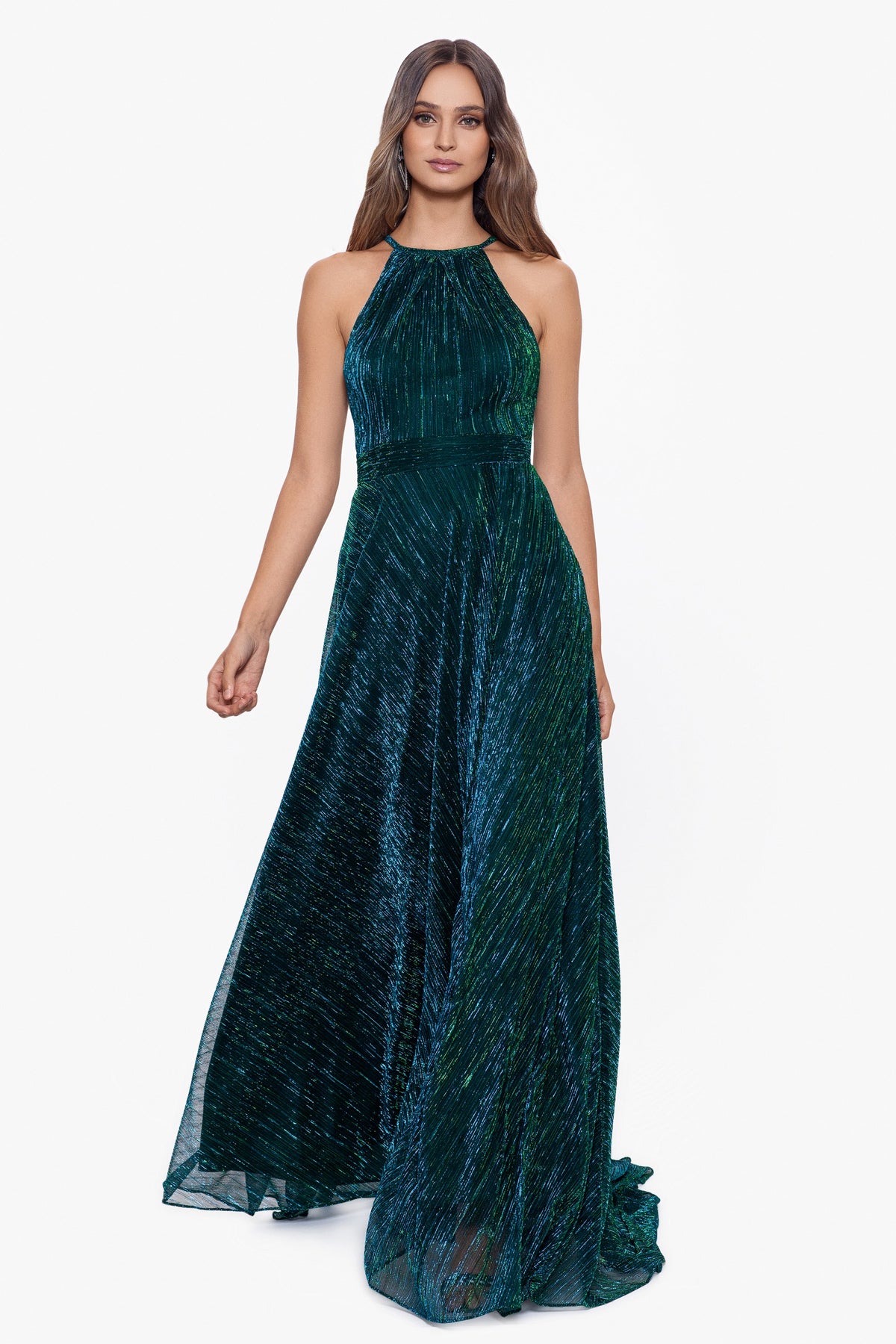 Petite "Mila" Metallic Halter Dress - Jade | Betsy & Adam