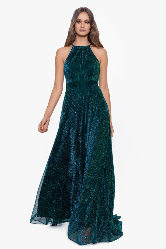 Petite "Mila" Metallic Halter Dress - Jade | Betsy & Adam