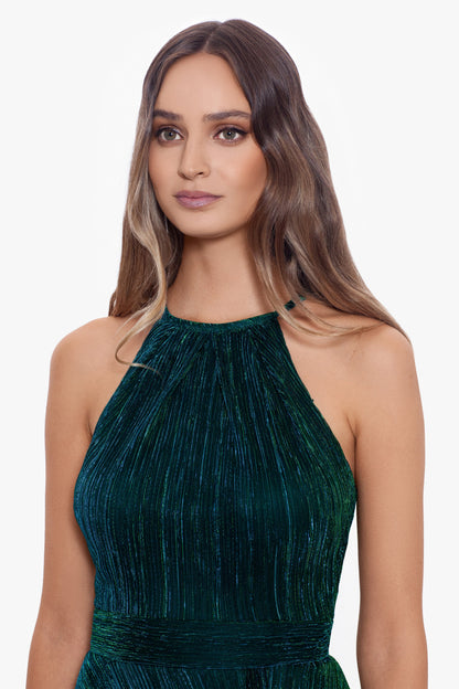 Petite "Mila" Metallic Halter Dress - Jade | Betsy & Adam