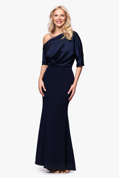 "Ana" Scuba Crepe & Satin Drop Shoulder Dress - Navy | Betsy & Adam