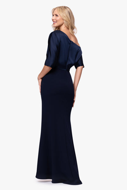 "Ana" Scuba Crepe & Satin Drop Shoulder Dress - Navy | Betsy & Adam