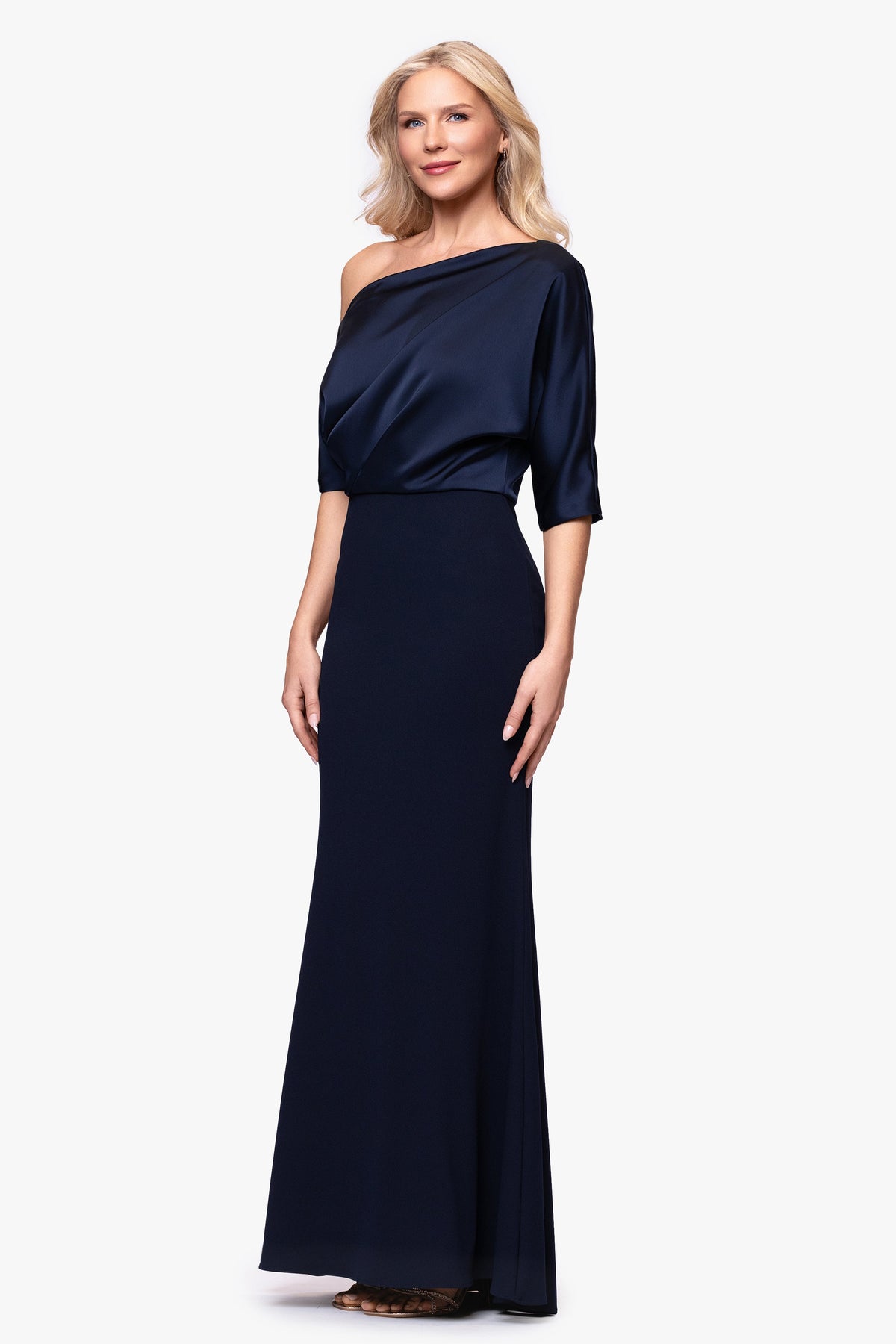"Ana" Scuba Crepe & Satin Drop Shoulder Dress - Navy | Betsy & Adam