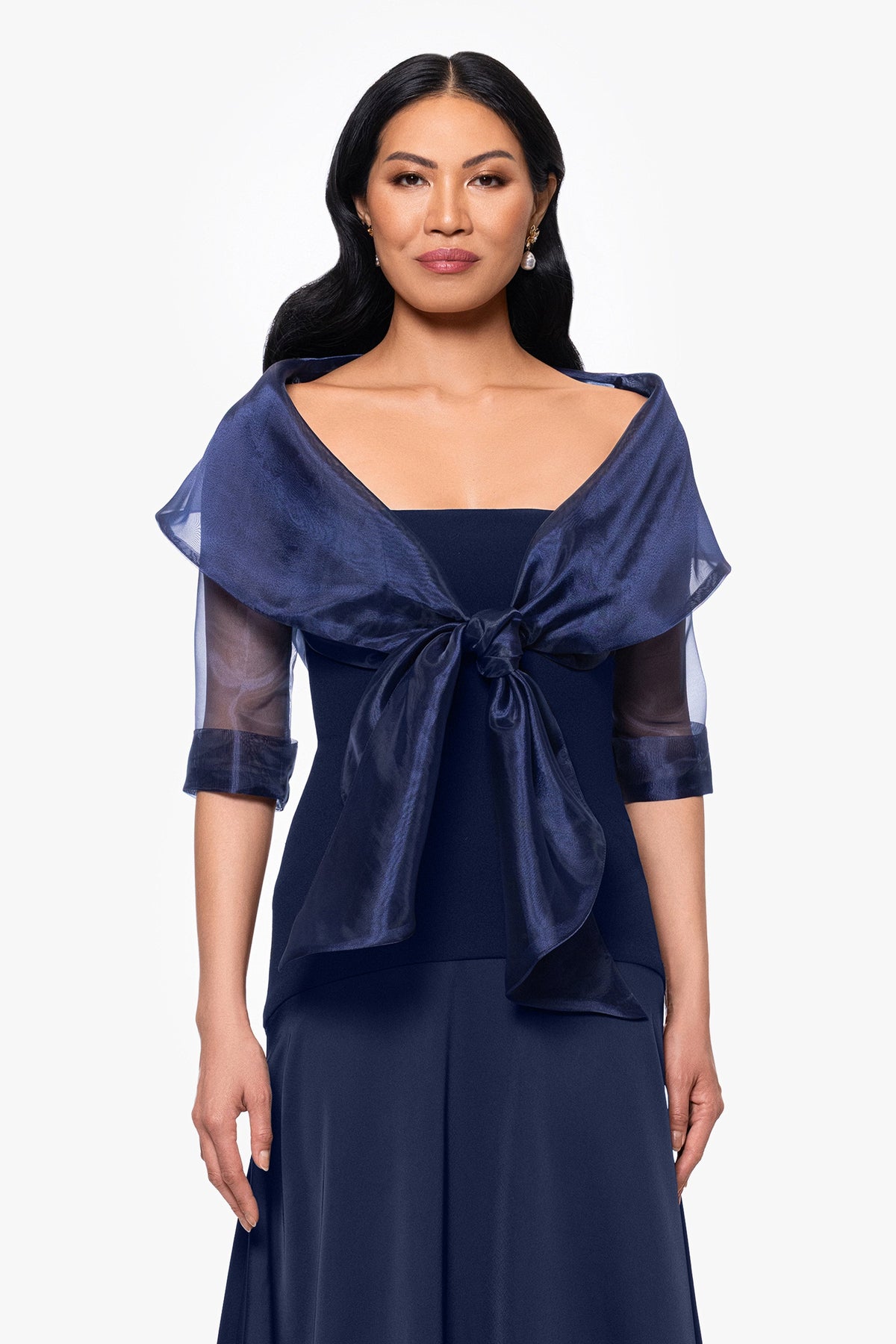 "Agnes" Organza 3/4 Sleeve Shawl Wrap - Navy | Betsy & Adam