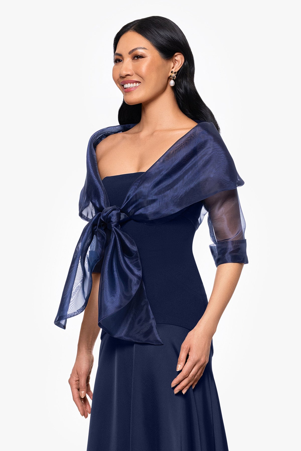 "Agnes" Organza 3/4 Sleeve Shawl Wrap - Navy | Betsy & Adam