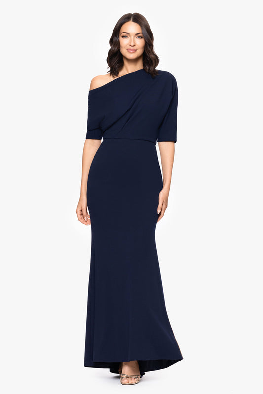 “Madeline” Scuba Crepe Off The Shoulder Dress - Navy | Betsy & Adam