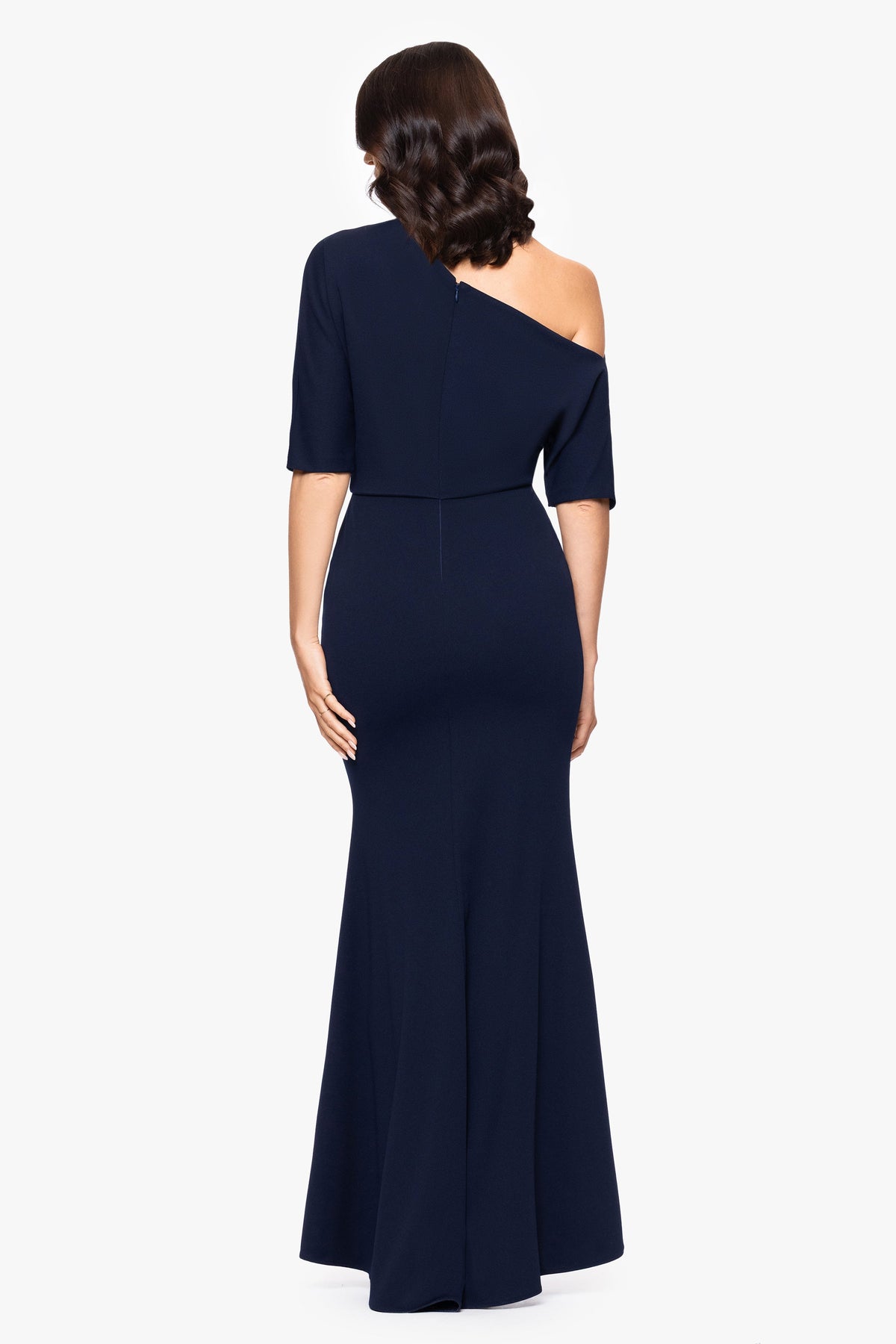 “Madeline” Scuba Crepe Off The Shoulder Dress - Navy | Betsy & Adam