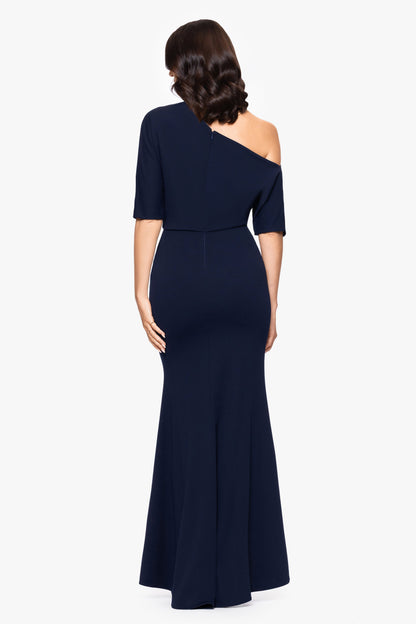 “Madeline” Scuba Crepe Off The Shoulder Dress - Navy | Betsy & Adam