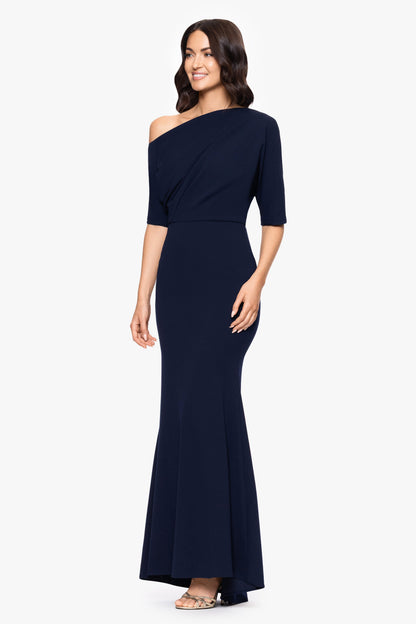 “Madeline” Scuba Crepe Off The Shoulder Dress - Navy | Betsy & Adam