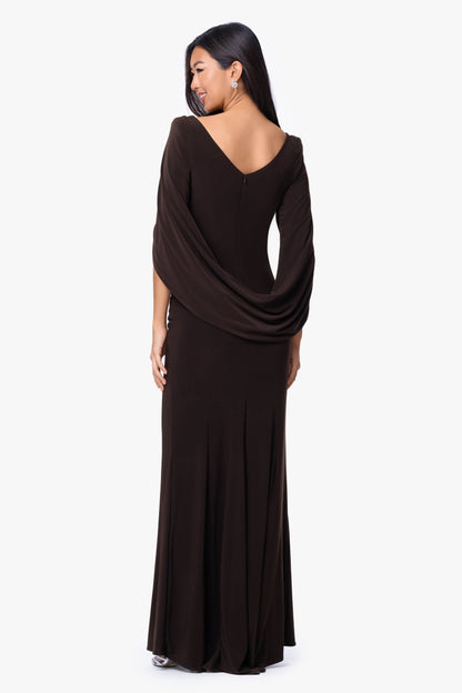 “Miriam” Jersey Knit Draped Back Dress - Brown | Betsy & Adam