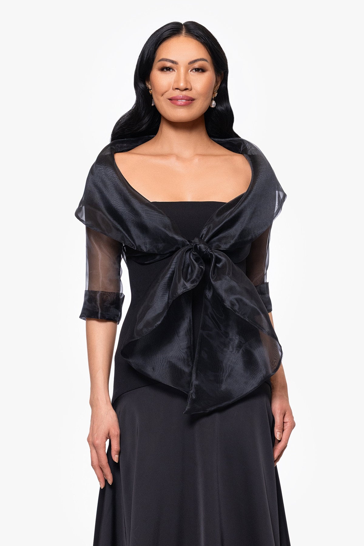 "Agnes" Organza 3/4 Sleeve Shawl Wrap - Black | Betsy & Adam